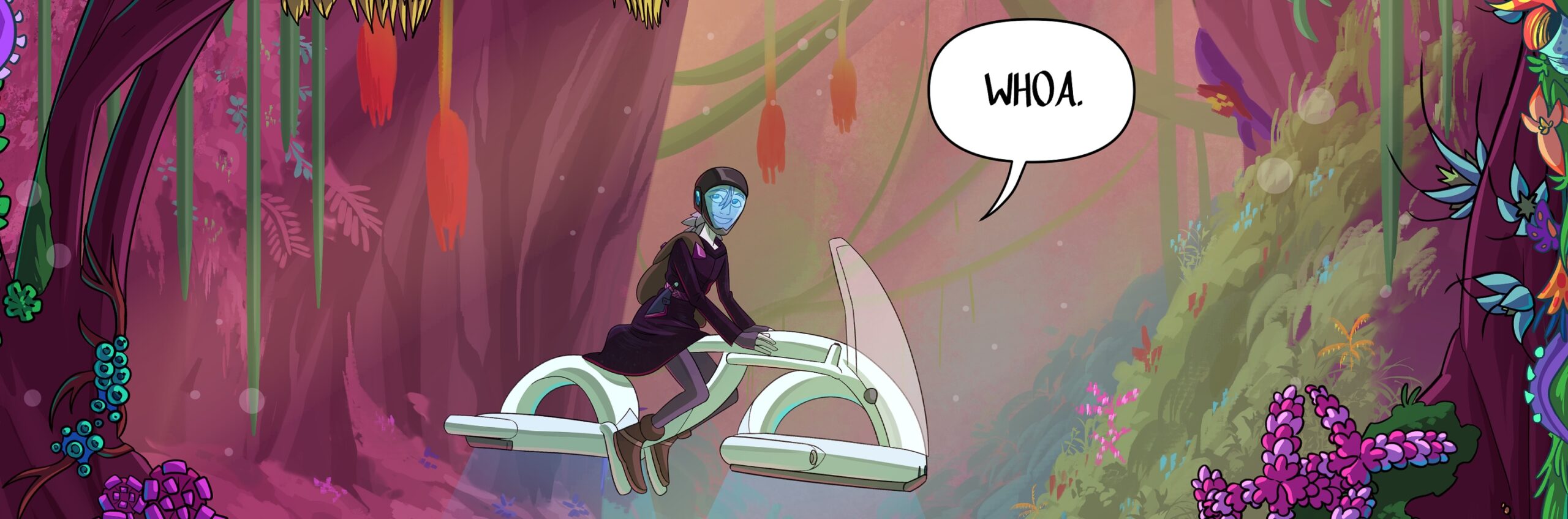 An illustration of Aia on her hover bike.