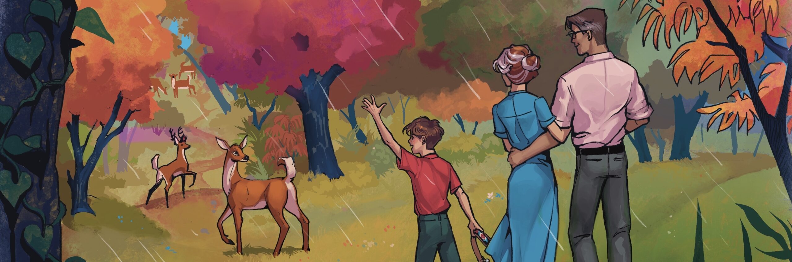 An illustration of Tawny going off, the Landry family waving goodbye.