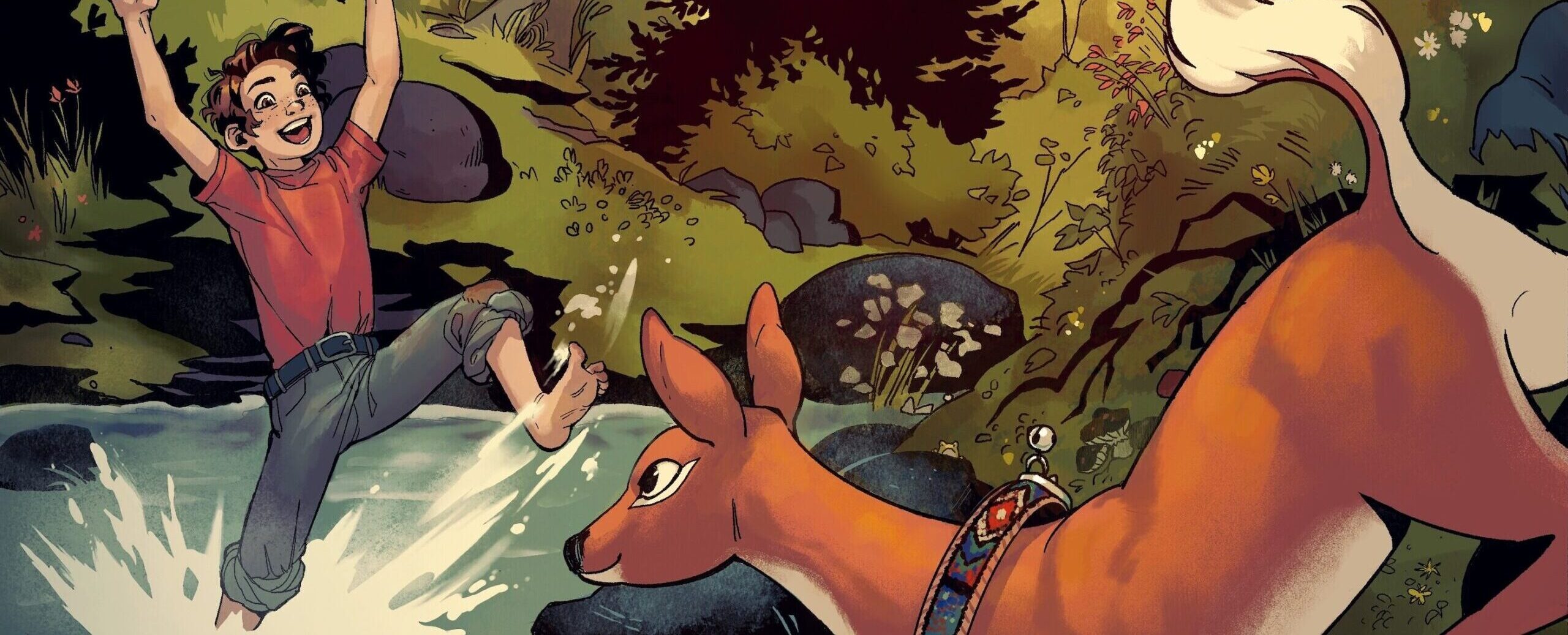 An illustration of a child splashing in a river with a deer.